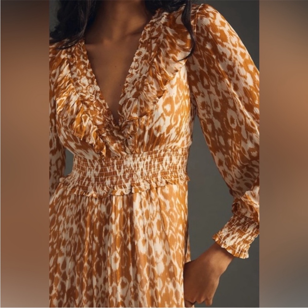 Anthropologie Odetta Maxi Dress Pockets Elastic Waist Ruffles Tiered Skirt Gold - Picture 9 of 16